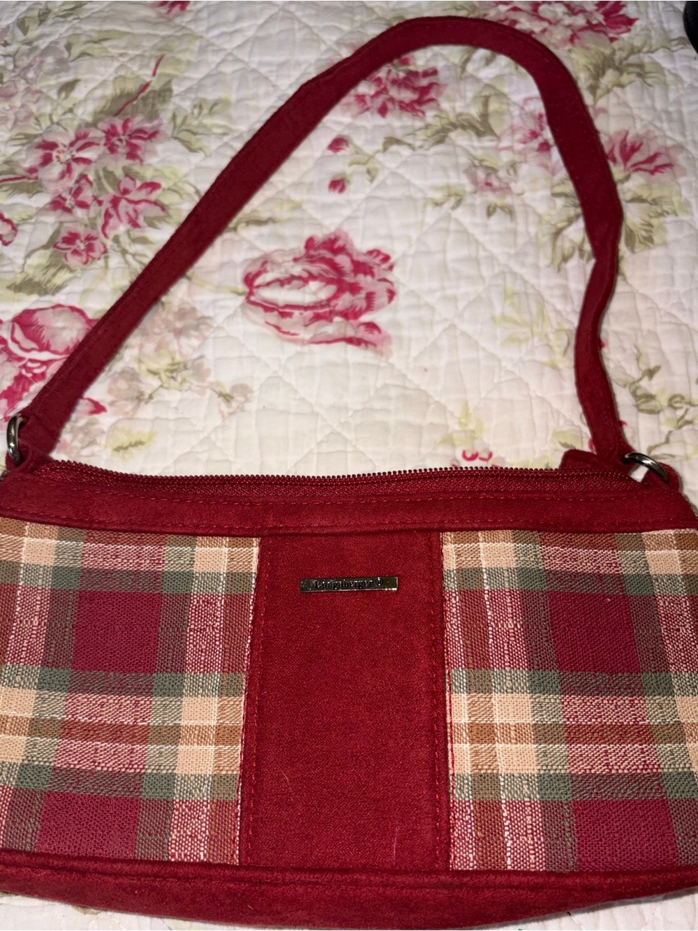 Longaberger Plaid and Suede Shoulder Bag Purse – Red, Sage, & Tan